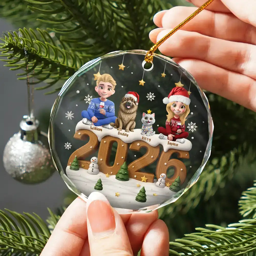 3D Effect Christmas Family And Dog Cat - Personalized Circle Glass Ornament - Image 2