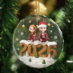 3D Effect Christmas Family And Dog Cat – Personalized Circle Glass Ornament
