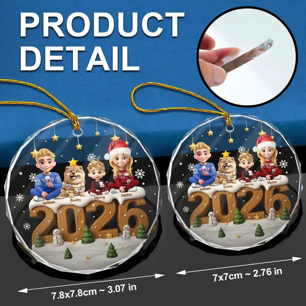 3D Effect Christmas Family And Dog Cat - Personalized Circle Glass Ornament - Image 6