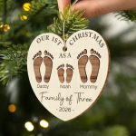 First Christmas As A Family Of Four Footprints – Personalized Custom Shaped Wooden Ornament