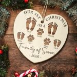 First Christmas As A Family Of Four Footprints – Personalized Custom Shaped Wooden Ornament