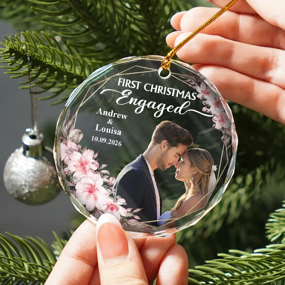 Custom Photo First Christmas Married - Personalized Glass Ornament - Image 2