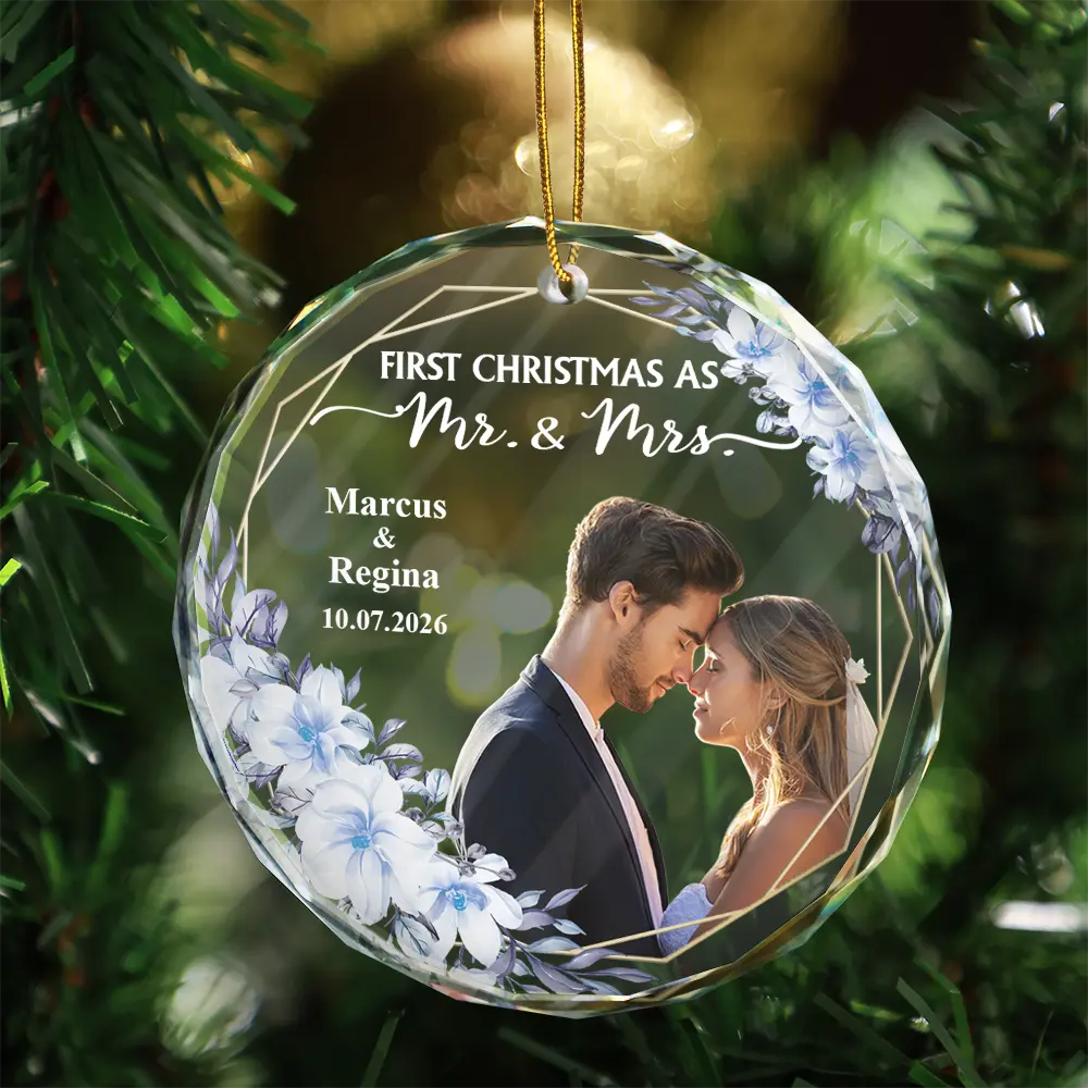 Custom Photo First Christmas Married - Personalized Glass Ornament - Image 4