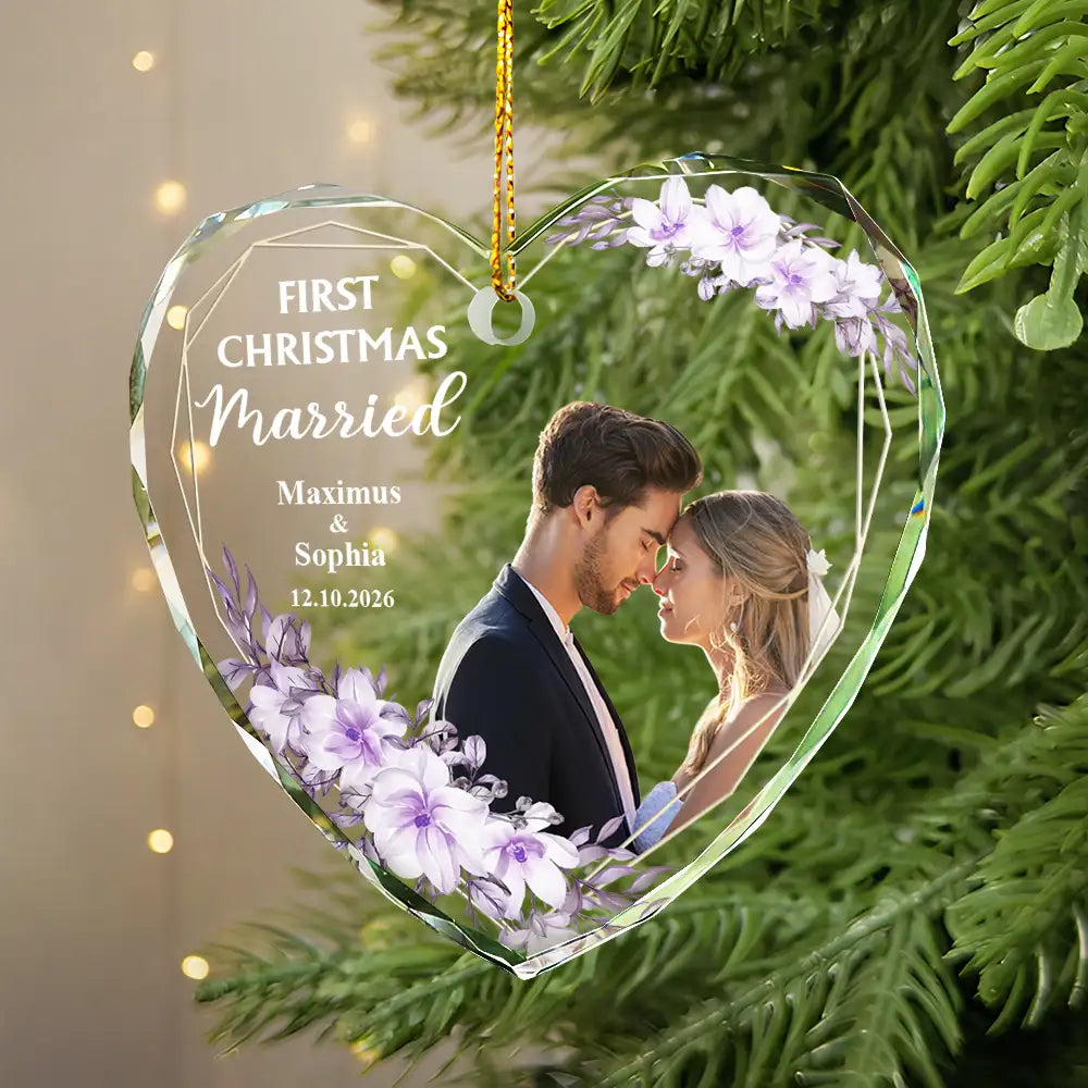 Custom Photo First Christmas Married - Personalized Glass Ornament - Image 3