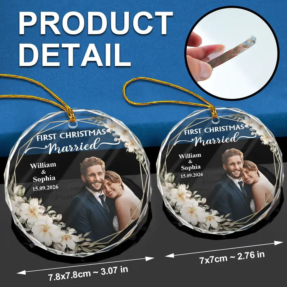 Custom Photo First Christmas Married - Personalized Glass Ornament - Image 6