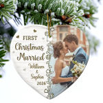 Custom Photo First Christmas Married – Personalized Heart Ceramic Ornament