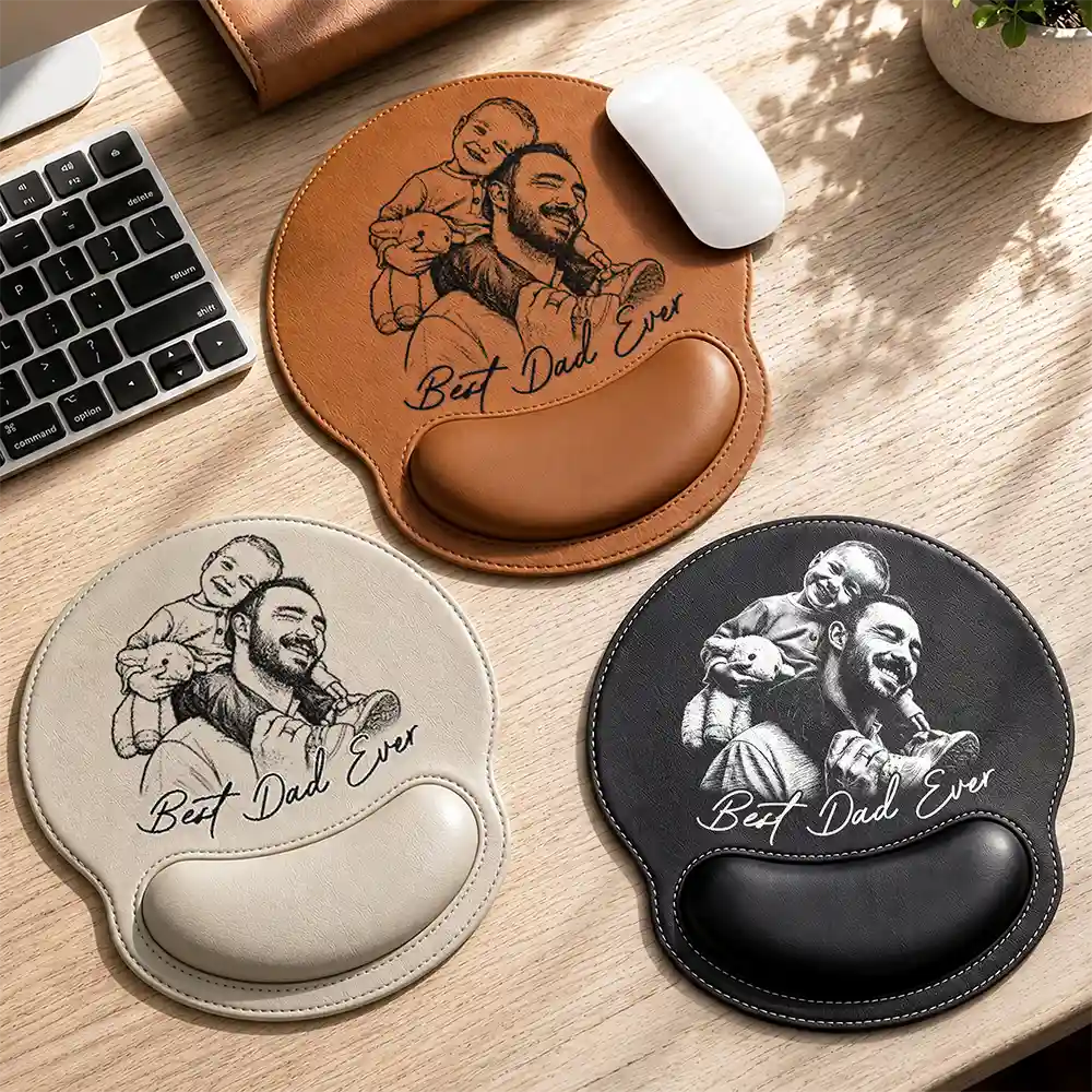 Custom Photo Bold Sketch Best Dad Papa Ever - Personalized Leather Mouse Pad - Image 3