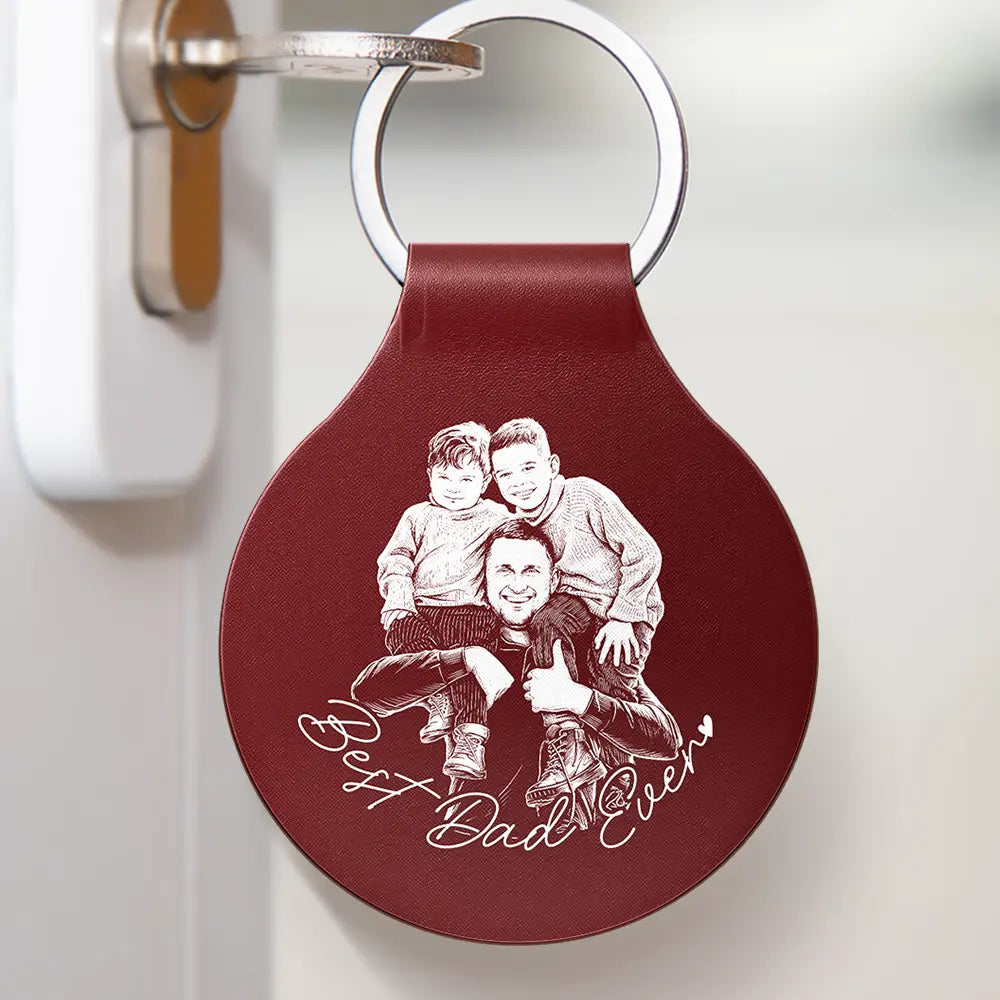 Custom Photo Pencil Sketch Best Dad Ever - Personalized Custom Shaped Leather Keychain - Image 3