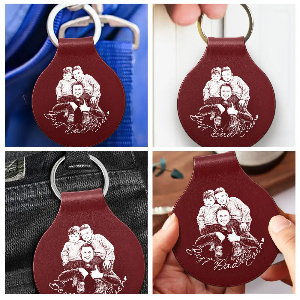 Custom Photo Pencil Sketch Best Dad Ever - Personalized Custom Shaped Leather Keychain - Image 5