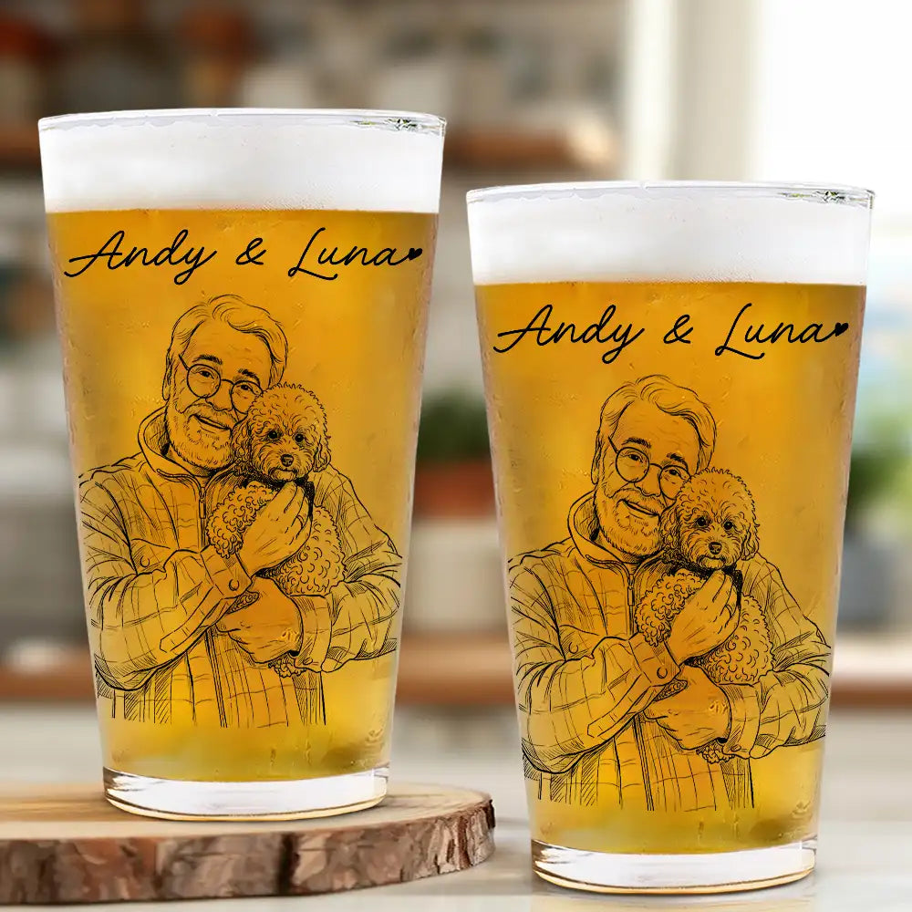 Custom Photo Pencil Sketch Family Dog Cat Portrait - Personalized Beer Glass - Image 4