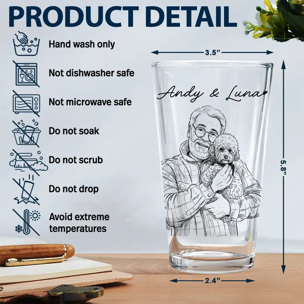 Custom Photo Pencil Sketch Family Dog Cat Portrait - Personalized Beer Glass - Image 7