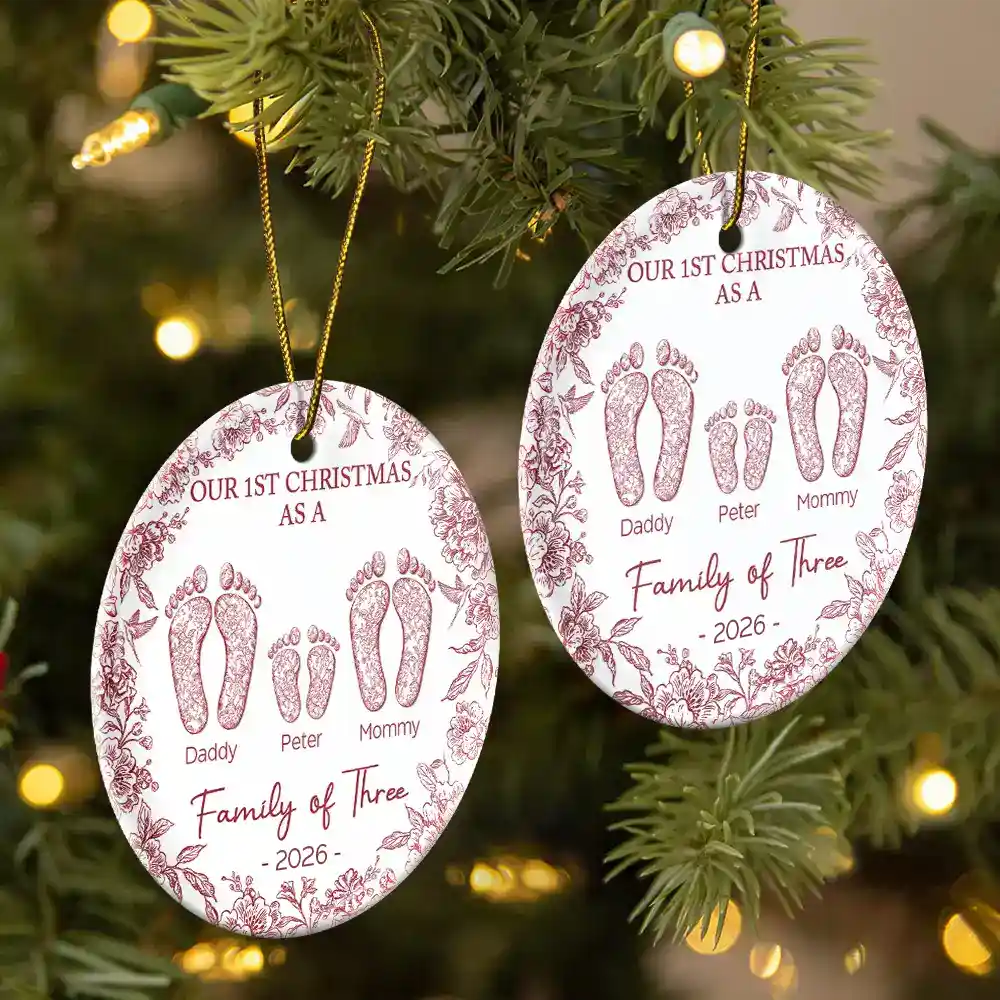 First Christmas As A Family Of Four Toile Footprints - Personalized Circle Ceramic Ornament - Image 2