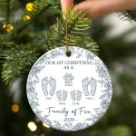 First Christmas As A Family Of Four Toile Footprints – Personalized Circle Ceramic Ornament