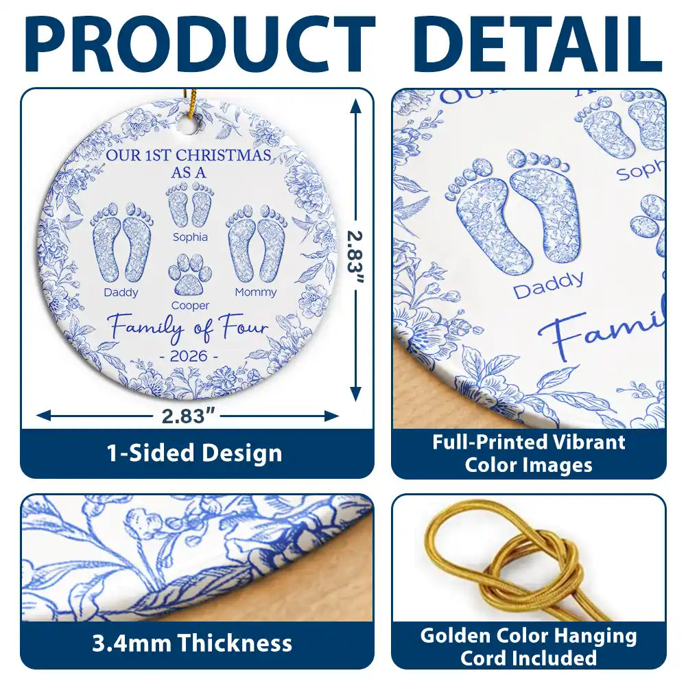 First Christmas As A Family Of Four Toile Footprints - Personalized Circle Ceramic Ornament - Image 6
