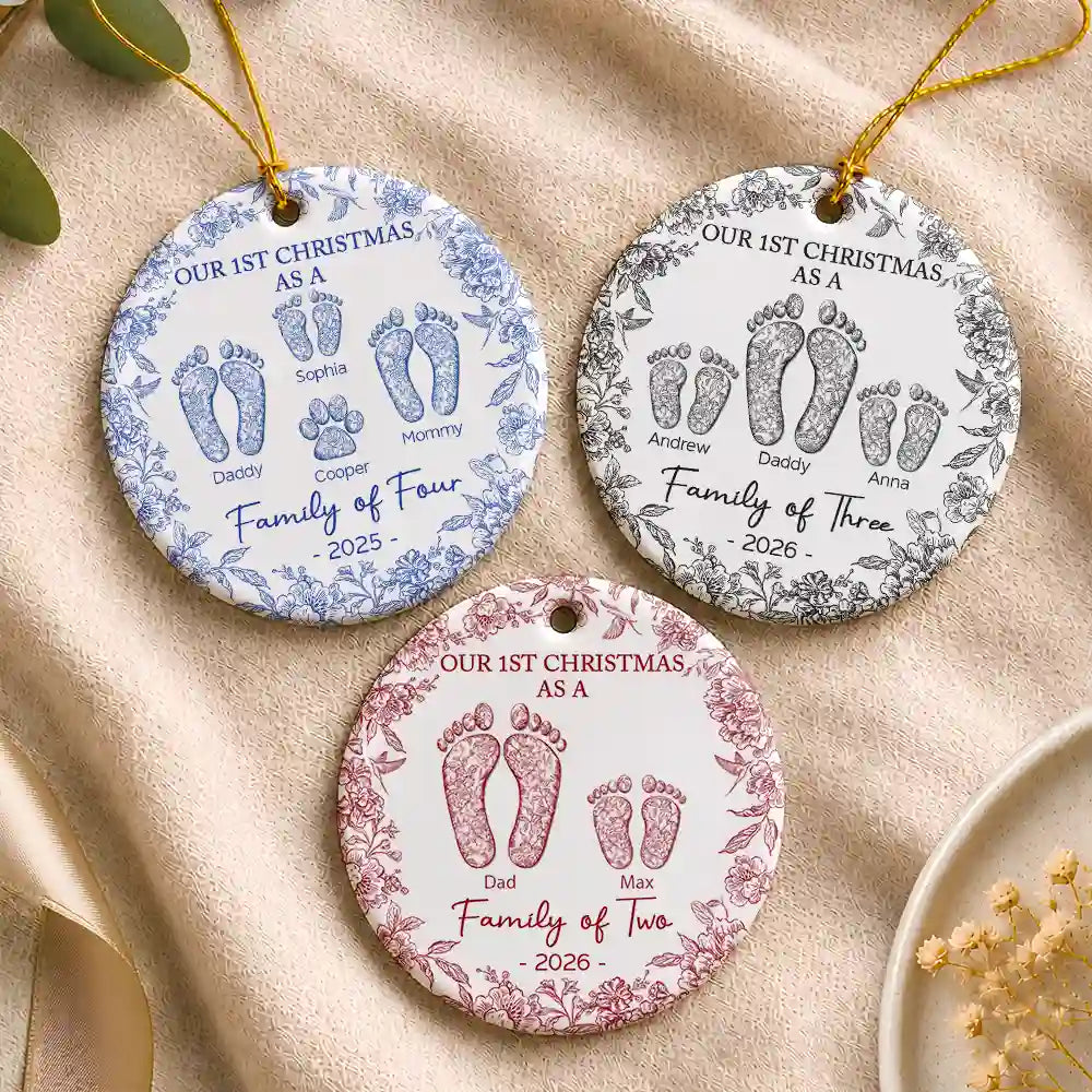 First Christmas As A Family Of Four Toile Footprints - Personalized Circle Ceramic Ornament - Image 4