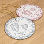 First Christmas As A Family Of Four Toile Footprints – Personalized Circle Ceramic Ornament
