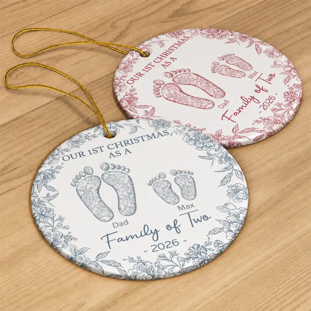 First Christmas As A Family Of Four Toile Footprints - Personalized Circle Ceramic Ornament - Image 5