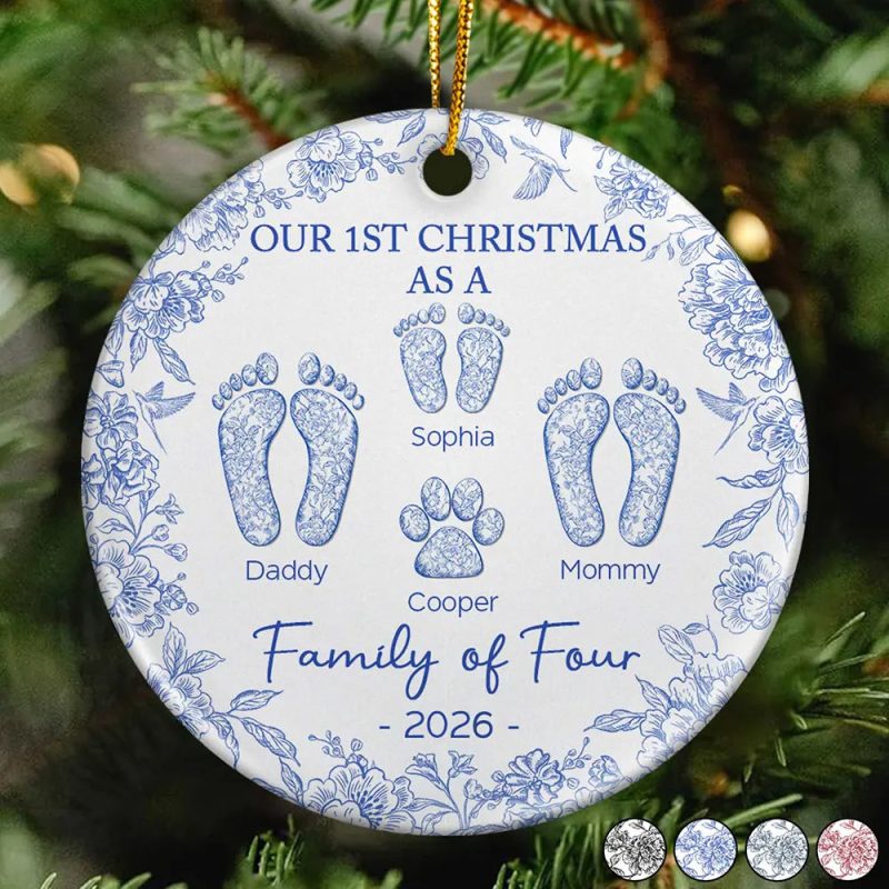 First Christmas As A Family Of Four Toile Footprints - Personalized Circle Ceramic Ornament
