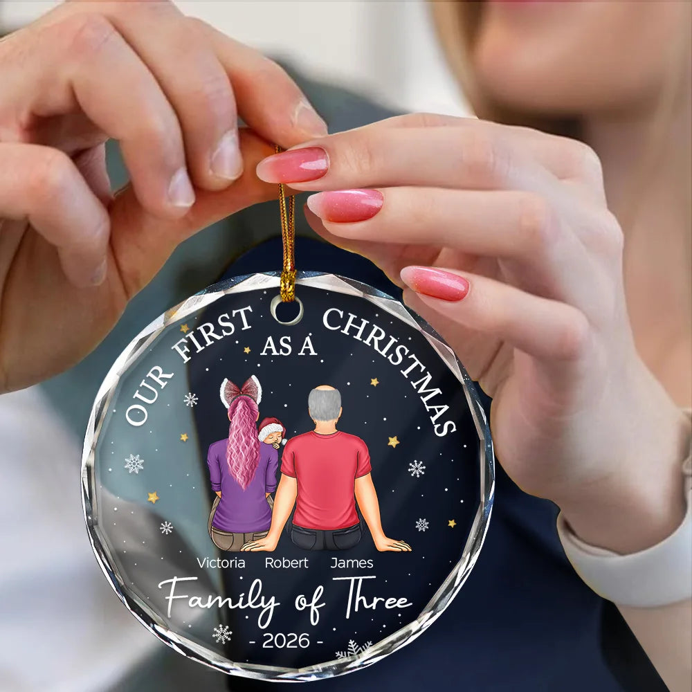 First Christmas As A Family Of Three New Parents - Personalized Circle Glass Ornament - Image 4