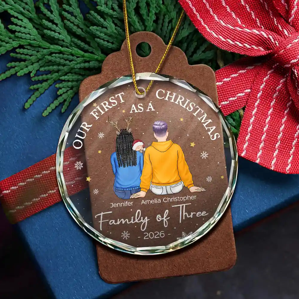 First Christmas As A Family Of Three New Parents - Personalized Circle Glass Ornament - Image 5