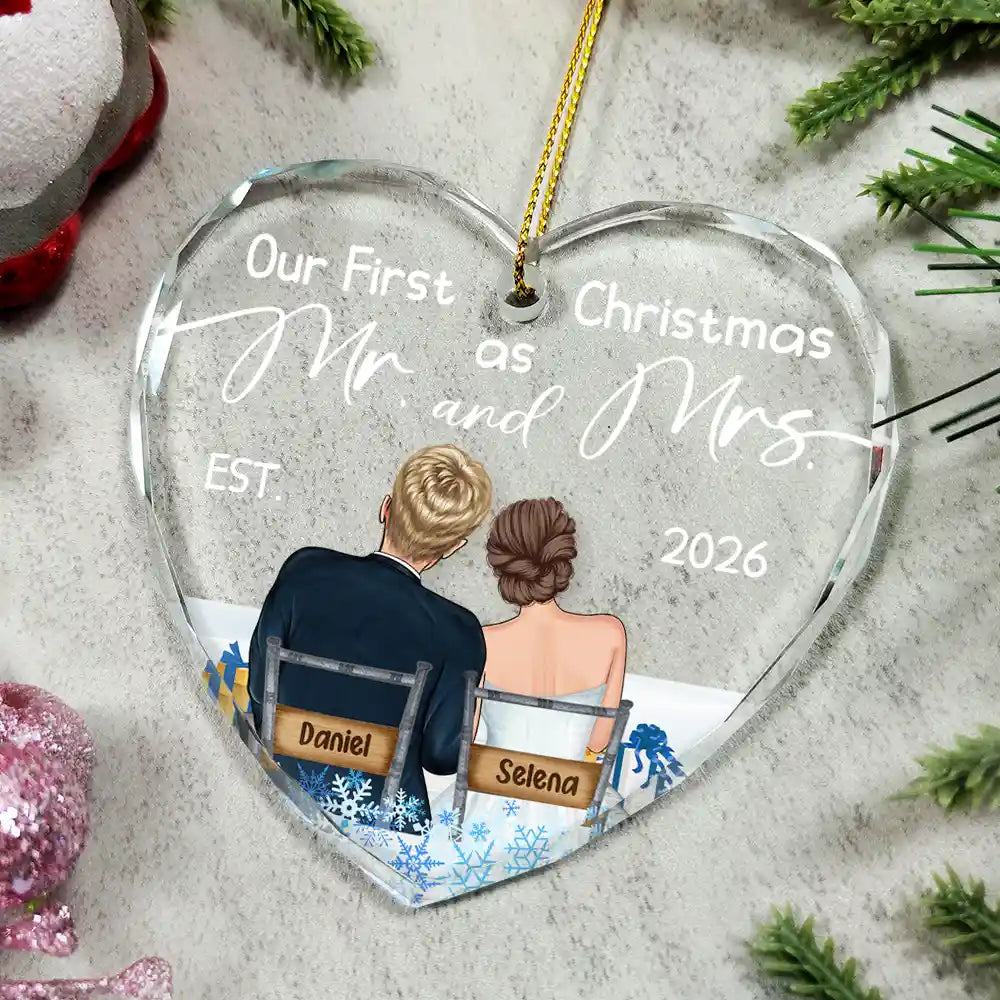 Our First Christmas Married Couples - Personalized Heart Shaped Glass Ornament - Image 4