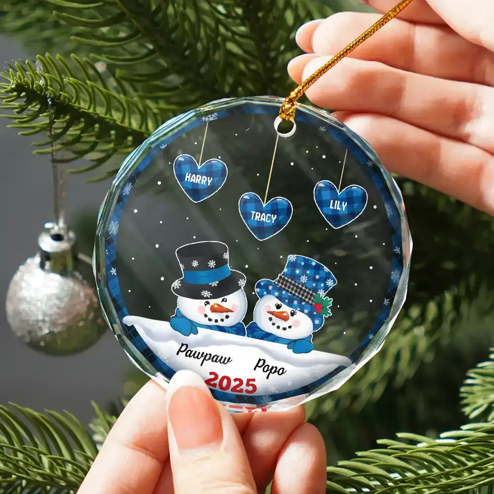 Papa Nana Snowman Christmas Grandparents - Personalized Circle Glass Ornament - Image 2