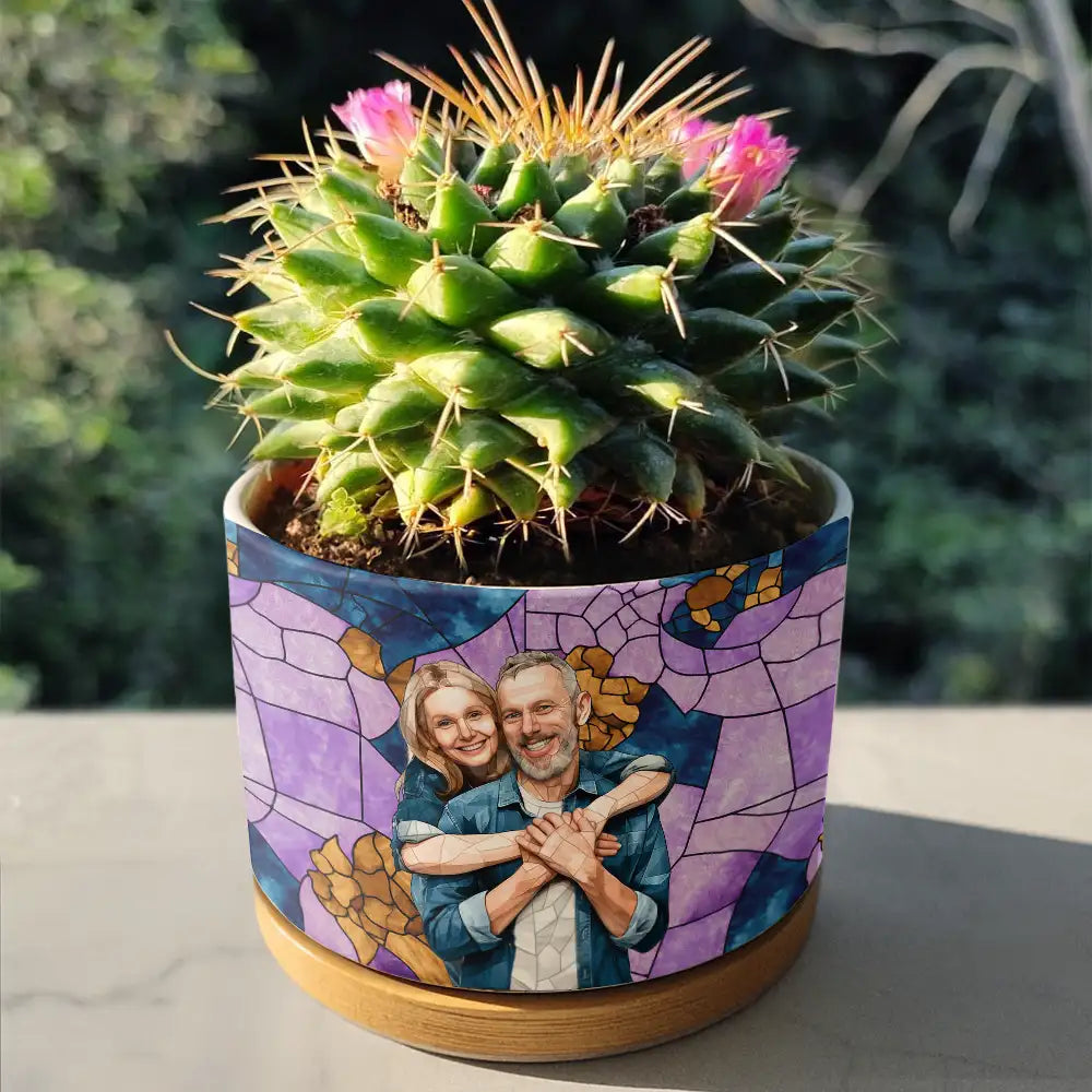 Custom Photo Stained Glass Portrait Mom Grandma Parents Family - Personalized Ceramic Plant Pot - Image 4