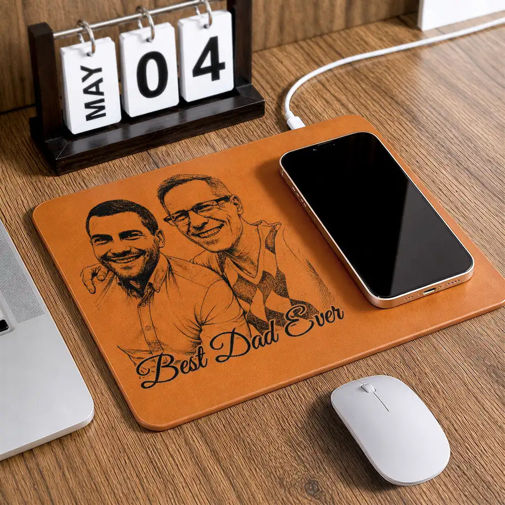 Custom Photo Pencil Sketch Best Dad Ever - Personalized Leather Charging Mat - Image 3
