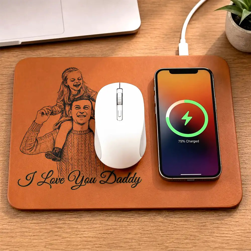Custom Photo Pencil Sketch Best Dad Ever - Personalized Leather Charging Mat - Image 6