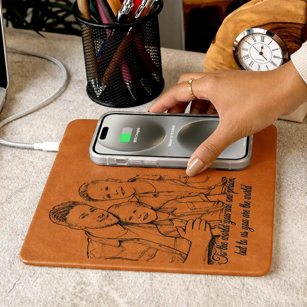 Custom Photo Pencil Sketch Best Dad Ever - Personalized Leather Charging Mat - Image 7