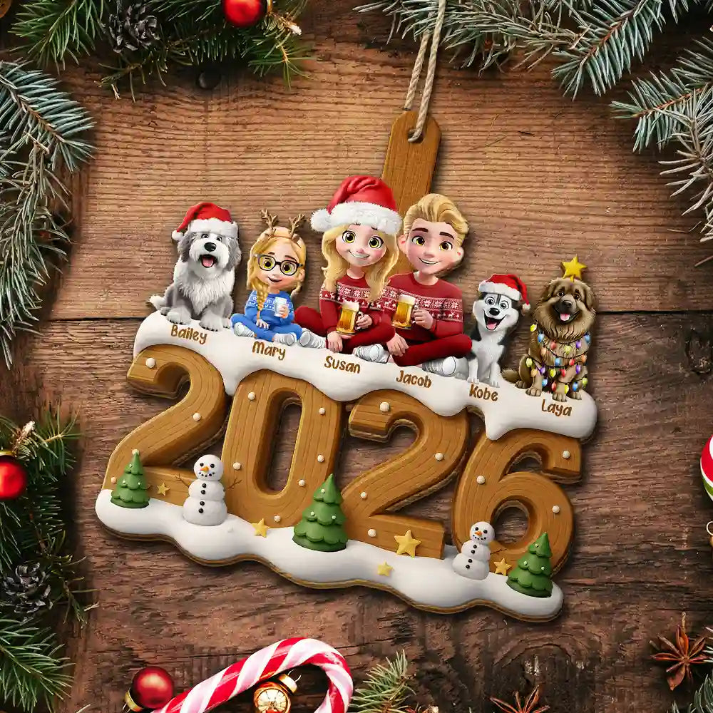 3D Effect Christmas Family And Dog Cat - Personalized Custom Shaped Wooden Ornament - Image 5