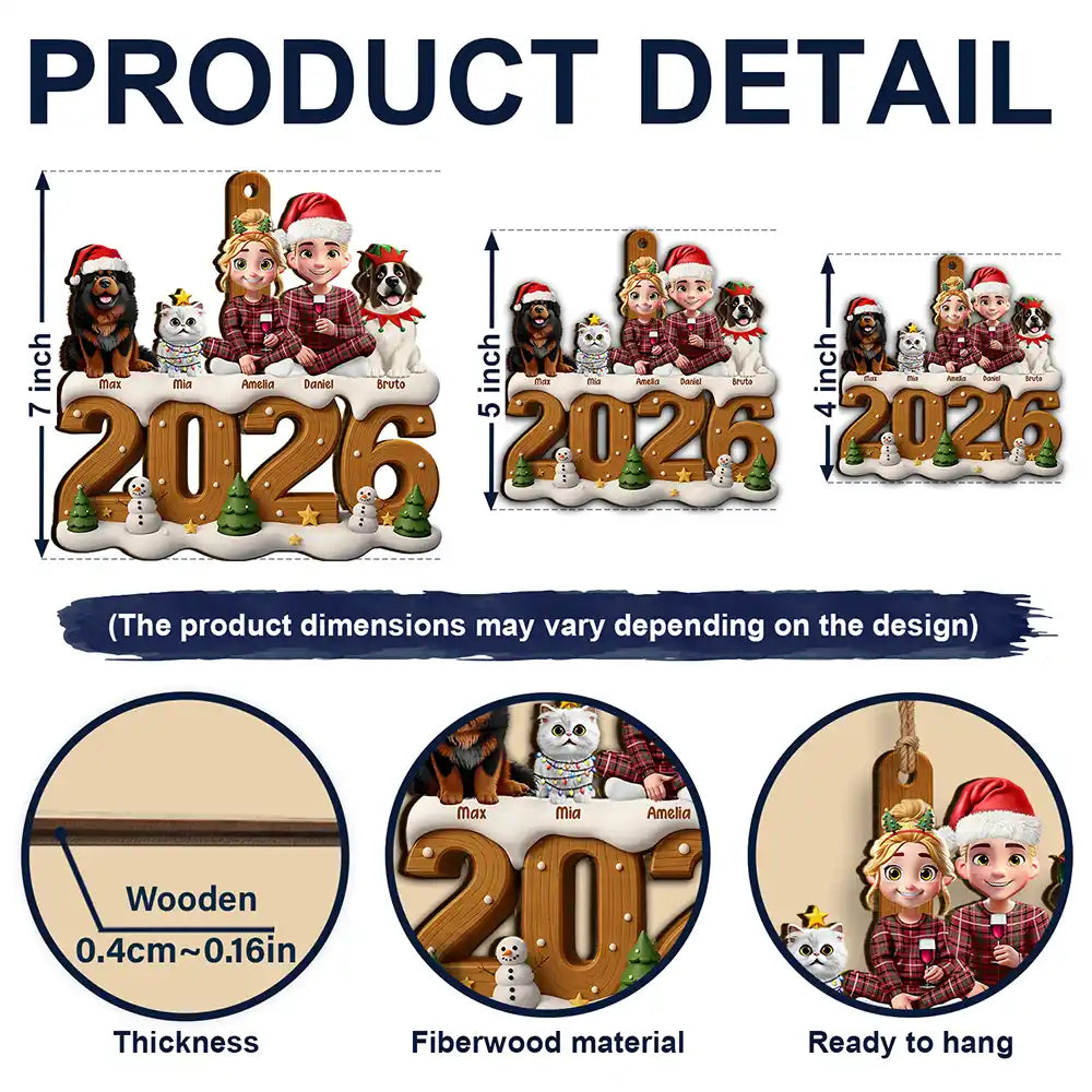 3D Effect Christmas Family And Dog Cat - Personalized Custom Shaped Wooden Ornament - Image 6